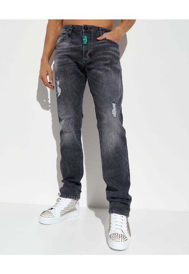 Philipp Plein - PHILIPP PLEIN - Ciemnoszare spodnie jeansowe Straight Gothic. Kolor: szary. Wzór: aplikacja, nadruk. Styl: klasyczny, elegancki