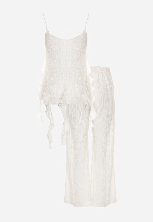 Renee - Beżowy Eteryczny Komplet z Koronką i Falbankami Top i Spodnie Wide Leg Pretilaine. Kolor: beżowy. Materiał: koronka. Wzór: koronka