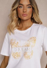 Renee - Biały Casualowy T-shirt z Bawełny z Motywem Motyla z Cyrkoniami Jalflea. Okazja: na co dzień. Kolor: biały. Materiał: bawełna. Wzór: aplikacja. Styl: casual #2