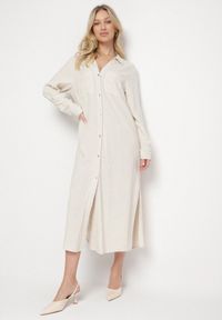 Born2be - Beżowa Koszulowa Sukienka z Lnem i Wiskozą z Regulowanymi Rękawami Melvezia. Okazja: na co dzień. Kolor: beżowy. Materiał: len, wiskoza. Typ sukienki: koszulowe. Styl: casual #3