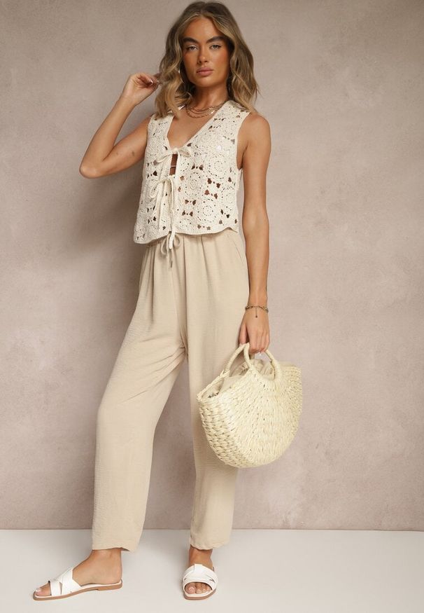 Renee - Beżowe Spodnieo Luźnym Fasonie ze Sznurkiem i Gumką w Talii Enivea. Okazja: na co dzień. Kolor: beżowy. Styl: casual