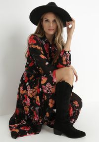 Born2be - Czarna Sukienka Doreris. Okazja: na co dzień. Kolor: czarny. Materiał: tkanina. Wzór: kolorowy, kwiaty. Typ sukienki: proste, koszulowe. Styl: casual, klasyczny. Długość: maxi