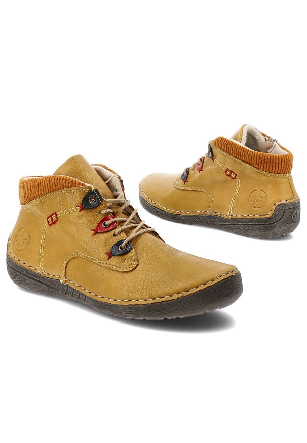 Żółte Botki Rieker Wygodne Obuwie Damskie. Okazja: na spacer, na co dzień. Kolor: żółty. Materiał: skóra ekologiczna, tworzywo sztuczne, materiał. Szerokość cholewki: normalna. Wzór: kolorowy. Styl: casual