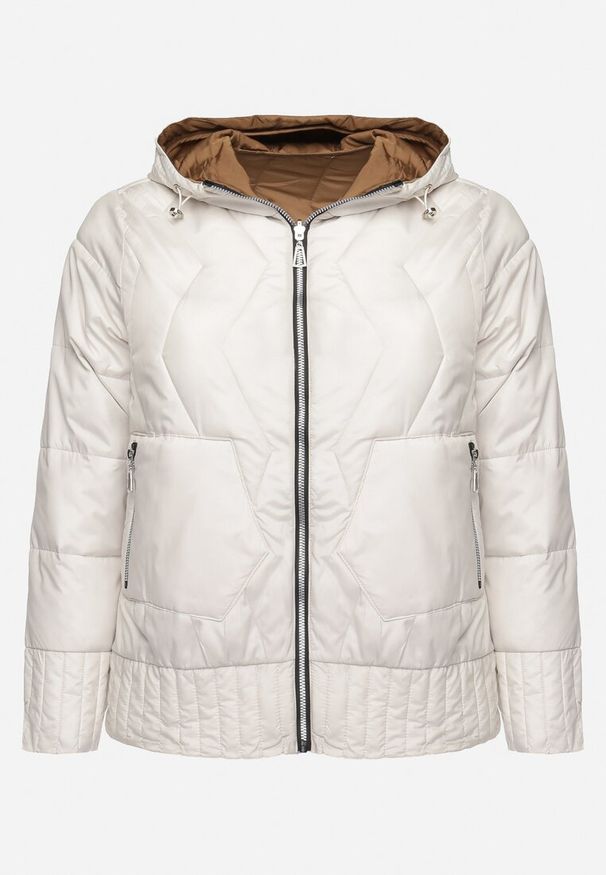 Born2be - Ciemnobrązowa Dwustronna Kurtka z Kapturem Ozdobiona Przeszyciami Sanglle. Typ kołnierza: kaptur. Kolor: brązowy. Wzór: aplikacja