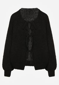 Renee - Czarny Kardigan z Wełną o Kroju Oversize z Wiązanymi Kokardami Elearina. Okazja: na co dzień. Typ kołnierza: kokarda. Kolor: czarny. Materiał: wełna. Styl: casual, street, elegancki #7