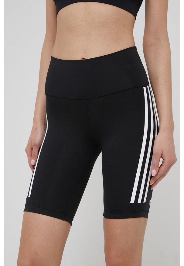 adidas Performance szorty treningowe Optime TrainIcons 3-Stripes H64228 damskie kolor czarny z nadrukiem high waist. Stan: podwyższony. Kolor: czarny. Materiał: skóra, włókno, materiał, lycra. Wzór: nadruk. Styl: sportowy