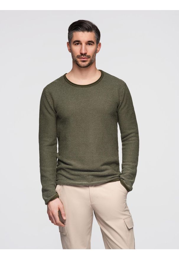 Ombre Clothing - Dzianinowy męski sweter w strukturalne kropki – oliwkowy V2 - Rozmiar: L. Okazja: na co dzień. Kolor: oliwkowy. Materiał: dzianina. Wzór: kropki. Styl: casual