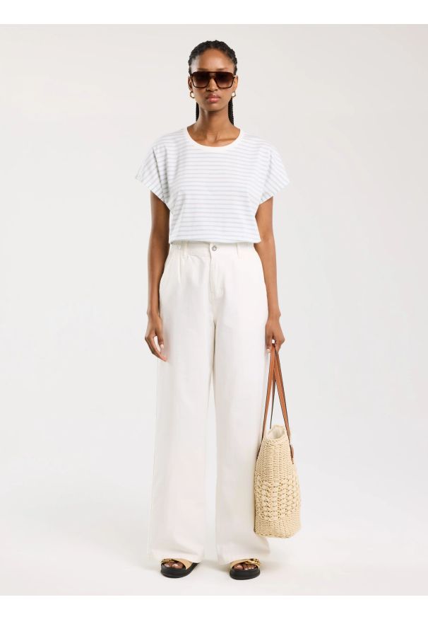 Big-Star - Koszulka damska w paski biało-niebieska Aleksa 400. Okazja: na co dzień. Kolor: niebieski. Materiał: bawełna, żakard, dzianina. Wzór: paski. Sezon: lato. Styl: elegancki, wakacyjny, casual