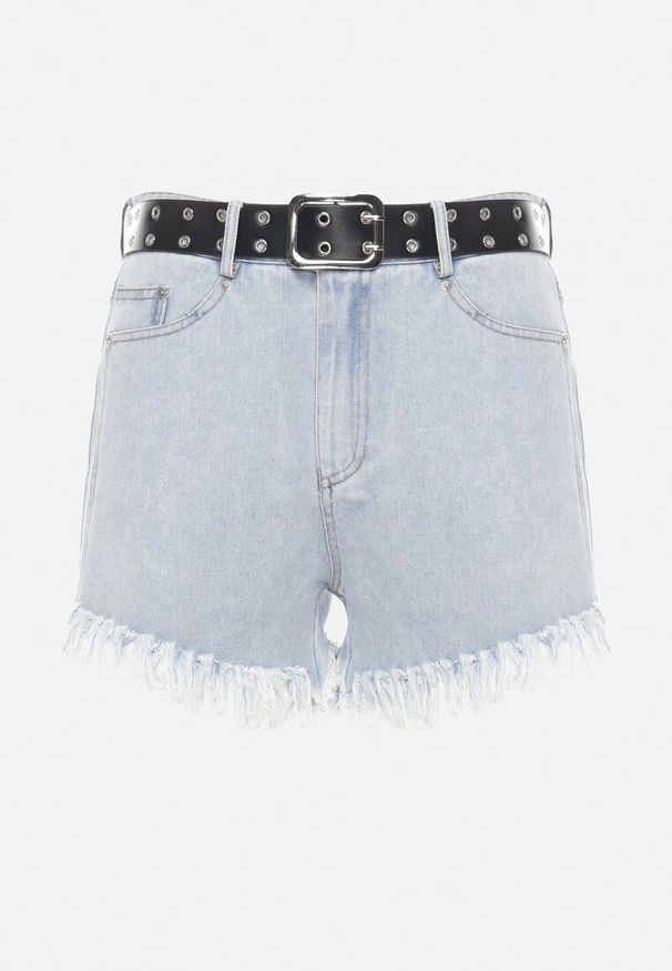 Born2be - Jasnoniebieskie Szorty Jeansowe z Modnie Postrzępionymi Nogawkami i Paskiem z Ekoskóry Piorita. Kolor: niebieski. Materiał: jeans. Sezon: lato. Styl: elegancki, rockowy