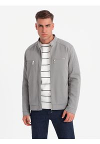 Ombre Clothing - Męska kurtka typu biker z kieszeniami i stójką – szara V3 - Rozmiar: XL. Okazja: na co dzień. Typ kołnierza: kołnierzyk stójkowy. Kolor: szary. Materiał: syntetyk, tkanina, poliester, materiał. Wzór: ze splotem. Styl: casual #8
