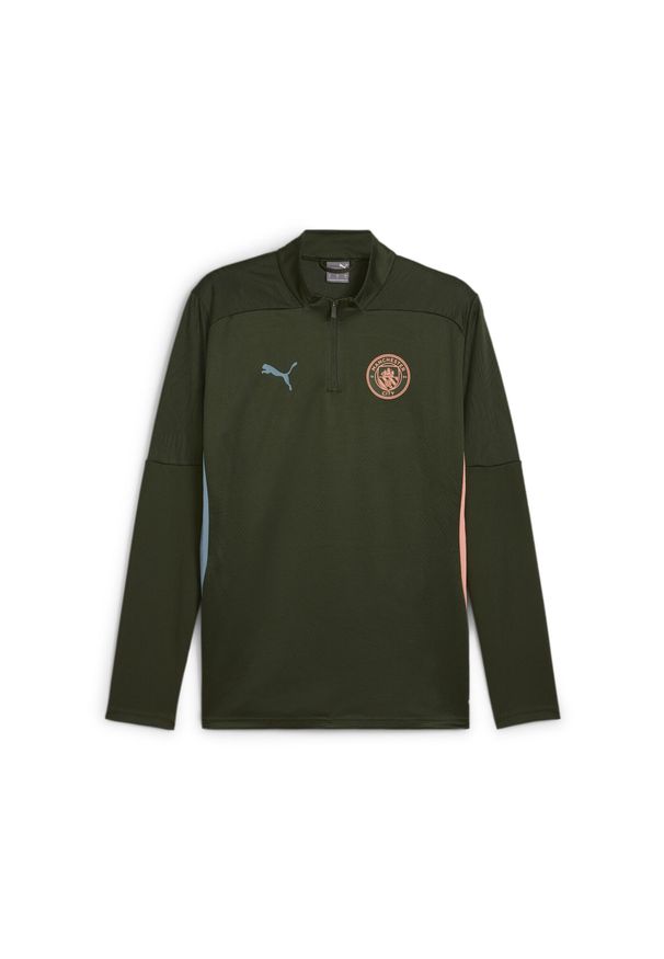 Puma - Męska bluza treningowa Manchester City z zamkiem 1/4 PUMA Myrtle Bold Blue Green. Kolor: zielony, niebieski, wielokolorowy. Sport: piłka nożna