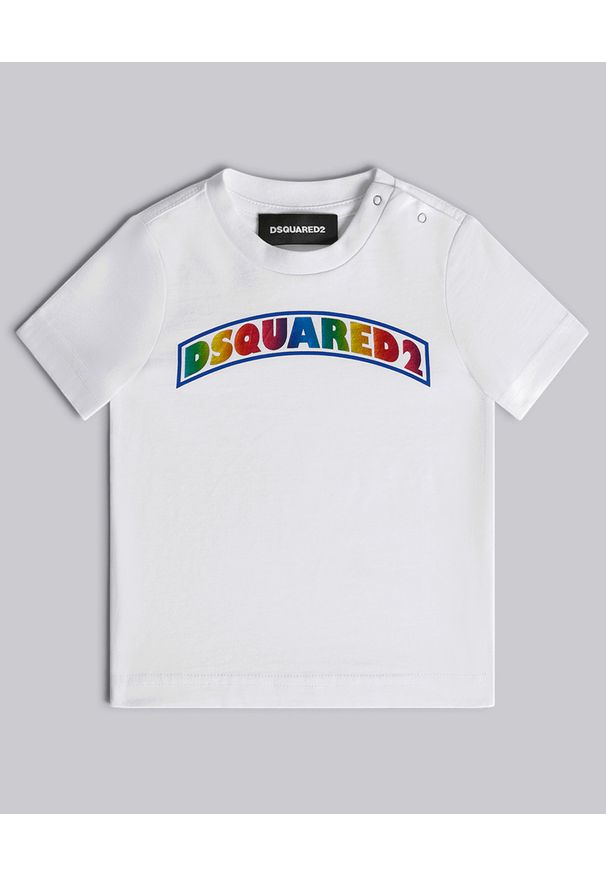 DSQUARED2 KIDS - Biała koszulka z kolorowym nadrukiem 0-3 lat. Kolor: biały. Materiał: jersey, bawełna. Wzór: kolorowy, nadruk. Sezon: lato