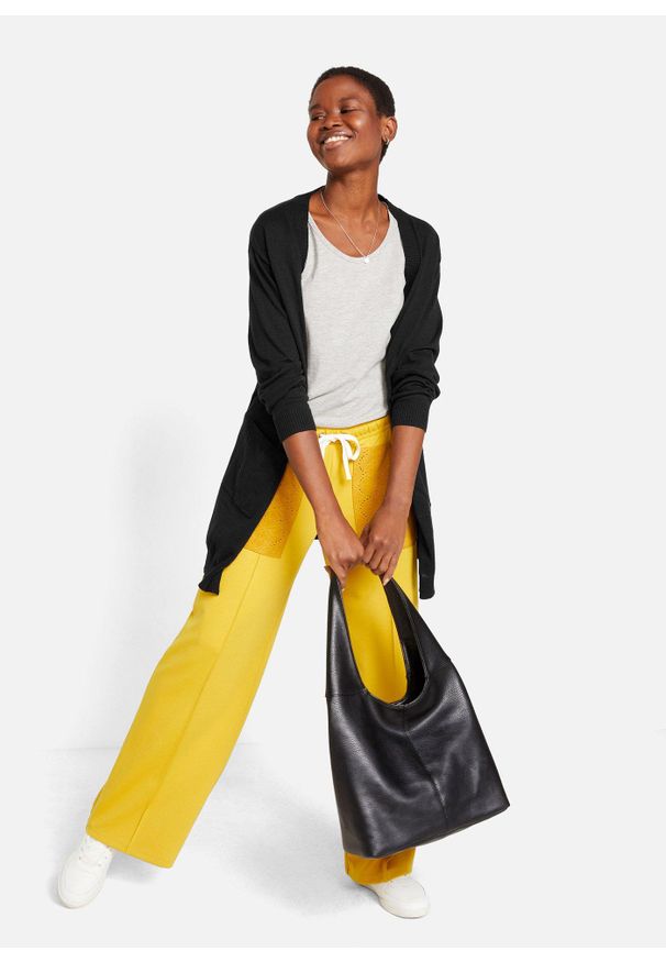 bonprix - Sweter bawełniany bez zapięcia, z dzianiny o splocie drobnych oczek. Kolor: czarny. Materiał: dzianina, bawełna. Wzór: ze splotem