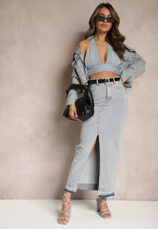 Renee - Jasnoniebieska Ołówkowa Spódnica Jeansowa z Ozdobnym Rozcięciem Lefrana. Kolor: niebieski. Materiał: jeans. Styl: elegancki