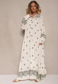 Renee - Biało-Zielona Rozkloszowana Sukienka Ozdobiona Haftem i Wzorem Boho Ronavere. Okazja: na co dzień, na spacer. Typ kołnierza: dekolt w serek. Kolor: biały. Długość rękawa: długi rękaw. Wzór: haft, aplikacja. Sezon: lato, wiosna. Typ sukienki: proste. Styl: boho