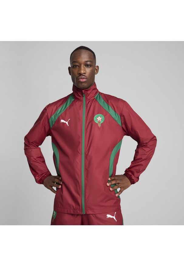 Puma - Męska tkana kurtka przedmeczowa Maroko PUMA Intense Red Archive Green. Kolor: czerwony, zielony, wielokolorowy. Wzór: nadruk. Sport: piłka nożna