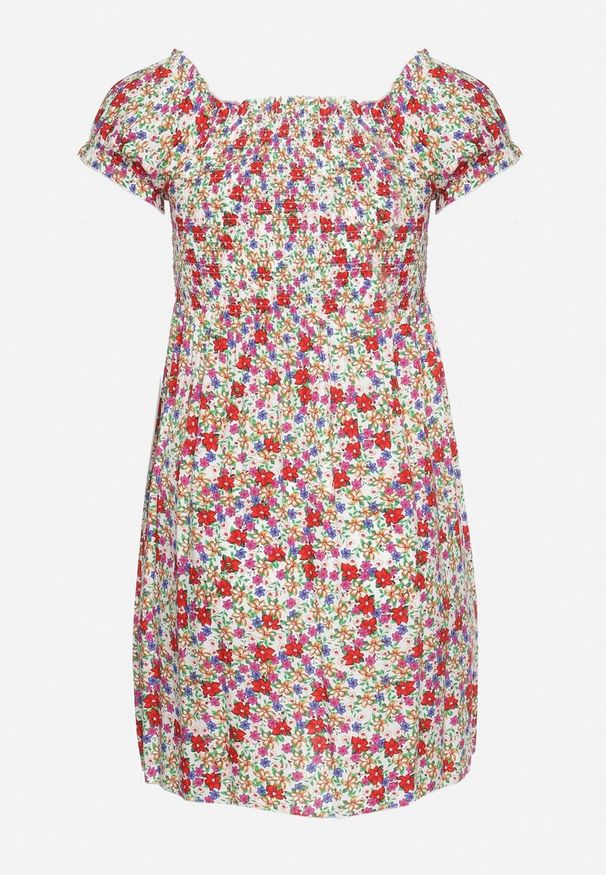 Born2be - Biało-Czerwona Wiskozowa Sukienka w Kwiaty Typu Hiszpanka z Gumką w Talii Revemia. Typ kołnierza: dekolt hiszpanka. Kolor: biały. Materiał: wiskoza. Wzór: kwiaty. Sezon: wiosna. Typ sukienki: z odkrytymi ramionami