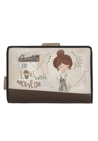Portfel damski Anekke, z dekoracyjnym nadrukiem i metalowym logo zamykany na klapę wyposażony w przegrody na banknoty kieszeń na monety oraz liczne m. Kolor: brązowy. Wzór: nadruk #9