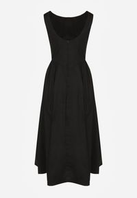 Renee - Czarna Rozkloszowana Sukienka Koktajlowa z Bawełny z Dekoltem Łódką i Kieszeniami Fanilra. Okazja: na studniówkę, na ślub cywilny, na wesele. Typ kołnierza: dekolt w łódkę. Kolor: czarny. Materiał: bawełna. Styl: wizytowy #3