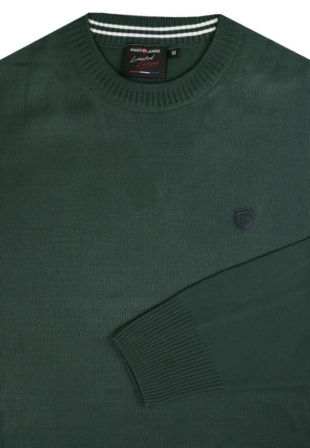 Wełniany Sweter, Okrągły Dekolt (U-Neck) - Pako Jeans - Zieleń Butelkowa. Okazja: do pracy, na spotkanie biznesowe. Materiał: wełna, akryl. Styl: klasyczny, biznesowy
