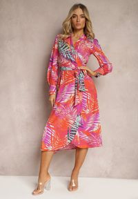 Renee - Fioletowo-Beżowa Sukienka z Kopertowym Wiązaniem i Materiałowym Paskiem Adnila. Kolor: fioletowy. Materiał: materiał. Typ sukienki: kopertowe #5