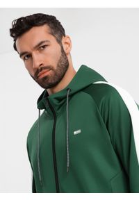 Ombre Clothing - Rozpinana męska bluza z kapturem i lampasami - ciemnozielona V7 - Rozmiar: M. Typ kołnierza: kaptur. Kolor: zielony. Materiał: guma, tkanina, dzianina, poliester, materiał. Wzór: gładki, aplikacja, nadruk. Styl: retro, sportowy #7