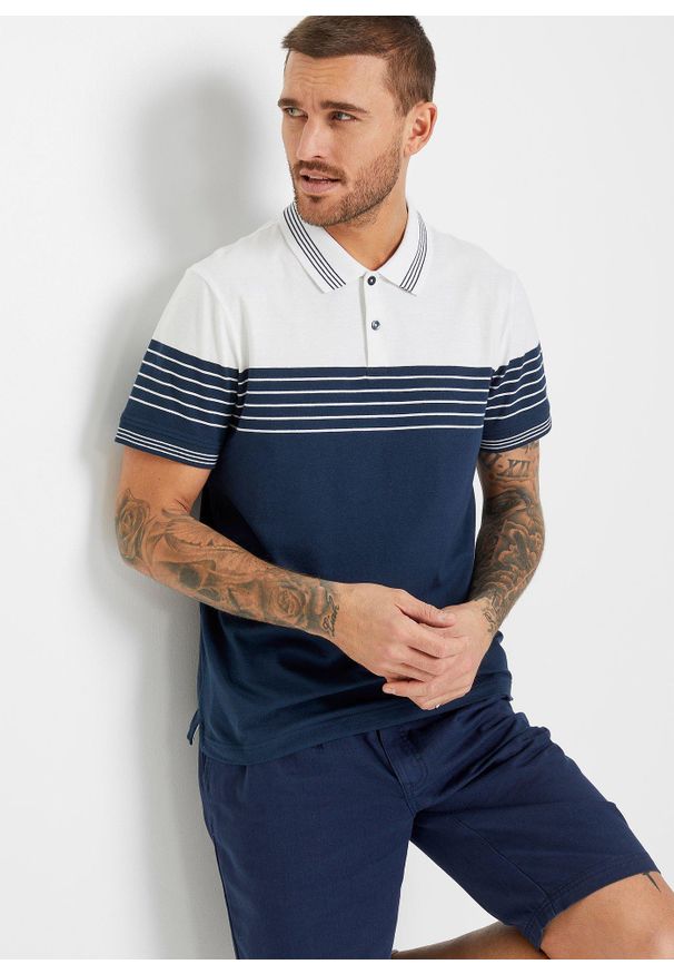 bonprix - Shirt polo z dżerseju z czystej bawełny. Typ kołnierza: polo. Kolor: biały. Materiał: jersey, bawełna. Wzór: paski