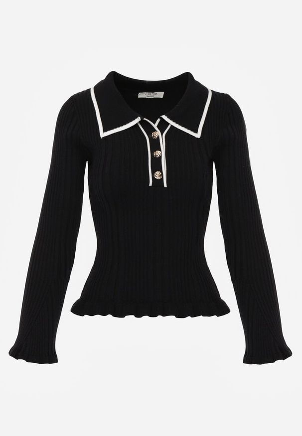 Born2be - Czarny Sweter z Wiskozą w Stylu Retro z Kołnierzykiem i Guzikami Sarrise. Okazja: na co dzień, do pracy, na spotkanie biznesowe. Typ kołnierza: kołnierz z falbankami. Kolor: czarny. Materiał: wiskoza. Wzór: aplikacja. Styl: retro