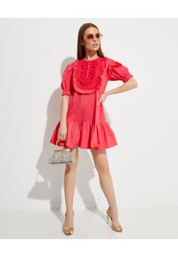 SELF PORTRAIT - Różowa sukienka mini z falbanami. Typ kołnierza: z żabotem. Kolor: wielokolorowy, fioletowy, różowy. Materiał: bawełna, koronka. Wzór: aplikacja, koronka. Długość: mini