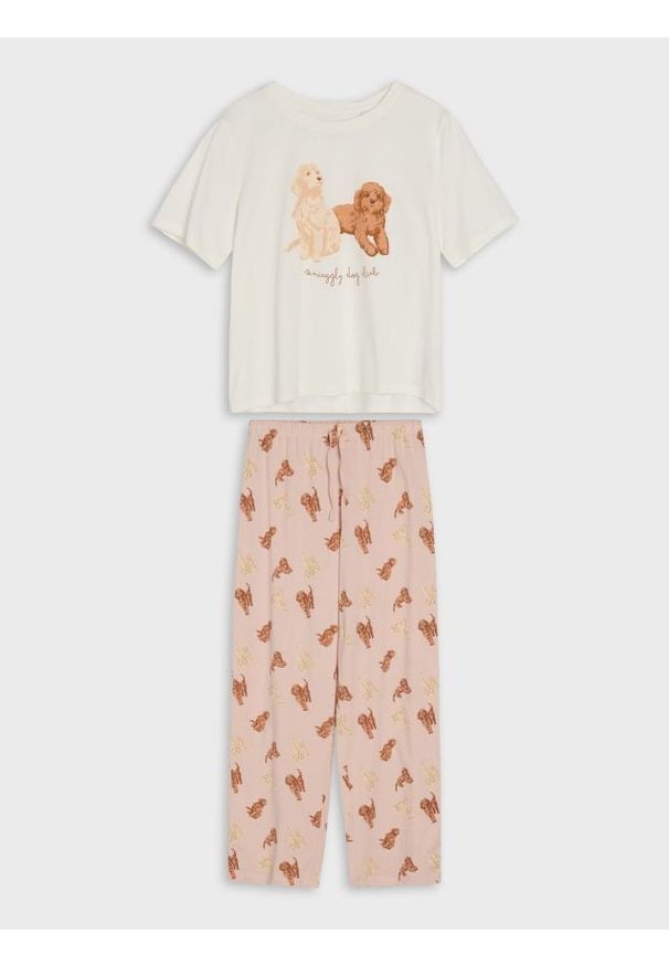 Sinsay - Bawełniana piżama dwuczęściowa z motywem psów - kremowy. Kolor: kremowy. Materiał: bawełna