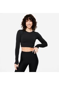 DOMYOS - Koszulka fitness damska Domyos crop top długi rękaw. Kolor: czarny. Materiał: materiał, elastan, poliester. Długość rękawa: długi rękaw. Długość: długie. Sport: fitness