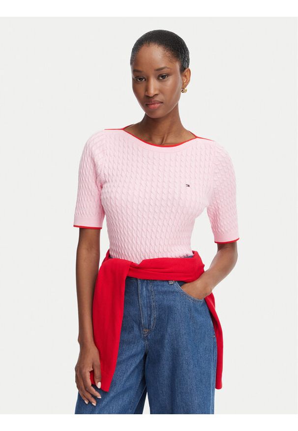TOMMY HILFIGER - Tommy Hilfiger Sweter Fine Gg Cable Boat WW0WW50103 Różowy jasny Regular Fit. Kolor: różowy. Materiał: bawełna