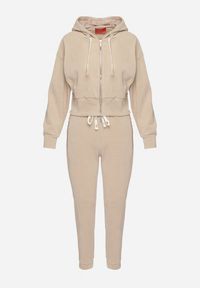 Born2be - Ciemnobeżowy Komplet Dresowy z Bawełną Bluza z Kapturem i Spodnie z Gumką w Talii Neseria. Kolor: beżowy. Materiał: dresówka, bawełna #4
