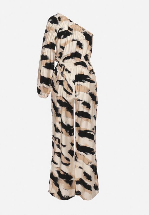 Born2be - Beżowo-Czarny Asymetryczny Kombinezon na Jedno Ramię z Szerokimi Nogawkami Eriana. Kolor: beżowy. Długość: długie. Wzór: geometria, aplikacja. Styl: elegancki