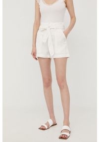 Guess szorty damskie kolor biały wzorzyste high waist. Okazja: na co dzień. Stan: podwyższony. Kolor: biały. Materiał: tkanina, materiał, jedwab. Styl: casual #1