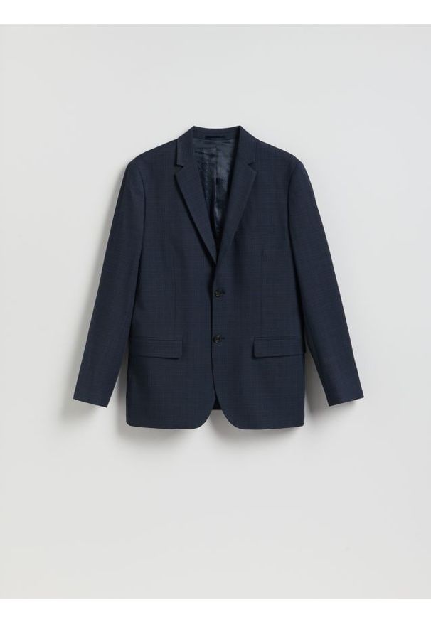 Reserved - Marynarka slim fit w micro kratę - granatowy. Kolor: niebieski. Materiał: tkanina, elastan, wiskoza
