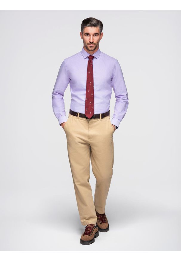 Ombre Clothing - Bawełniana męska pastelowa koszula typu oxford – lawendowa V2 - Rozmiar: XL. Kolor: fioletowy. Materiał: bawełna. Wzór: aplikacja, ze splotem. Styl: klasyczny, elegancki