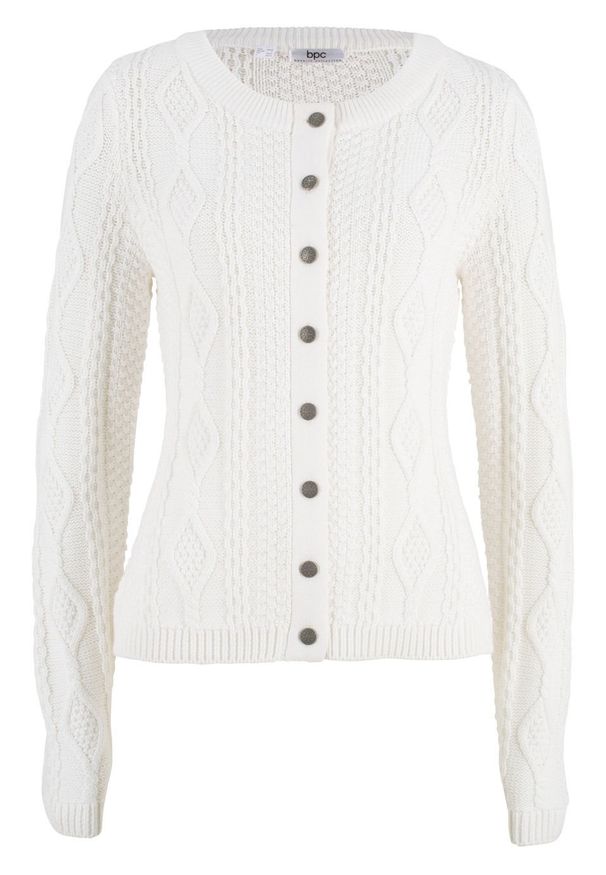 Sweter rozpinany w warkocze bonprix biel wełny. Kolor: biały. Materiał: wełna. Długość rękawa: długi rękaw. Długość: długie