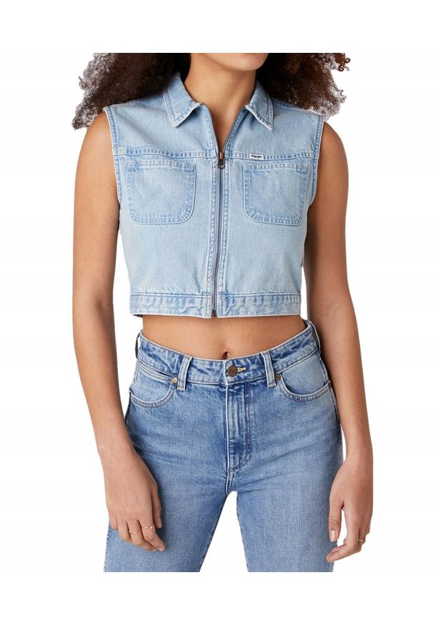 Wrangler - WRANGLER 90’S DAMSKI BEZRĘKAWNIK JEANSOWY VEST SUNFADE W4R35E180 112129203. Materiał: jeans. Długość rękawa: bez rękawów