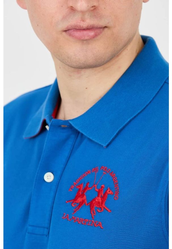 La Martina - LA MARTINA Niebieskie męskie polo z dużym logo, Rozmiar M. Typ kołnierza: polo. Kolor: niebieski