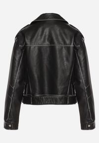 Born2be - Czarna Kurtka Ramoneska Vintage z Imitacji Skóry z Asymetrycznym Suwakiem i Patkami Kimina. Okazja: na co dzień. Kolor: czarny. Materiał: skóra. Styl: vintage #5