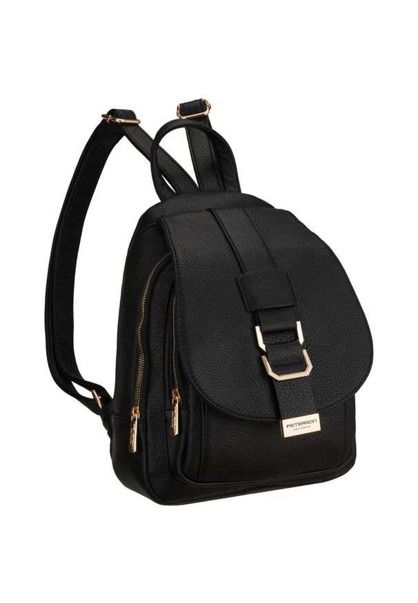 Mały czarny plecak damski ze skóry ekologicznej miejski modny z klapką Peterson PTN MX03-P. Kolor: czarny. Materiał: skóra ekologiczna