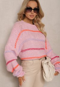 Renee - Różowy Sweter Obszyty Kolorowymi Nitkami z Wełną Romizelle. Kolor: różowy. Materiał: wełna. Długość rękawa: długi rękaw. Długość: długie. Wzór: kolorowy. Styl: elegancki #4