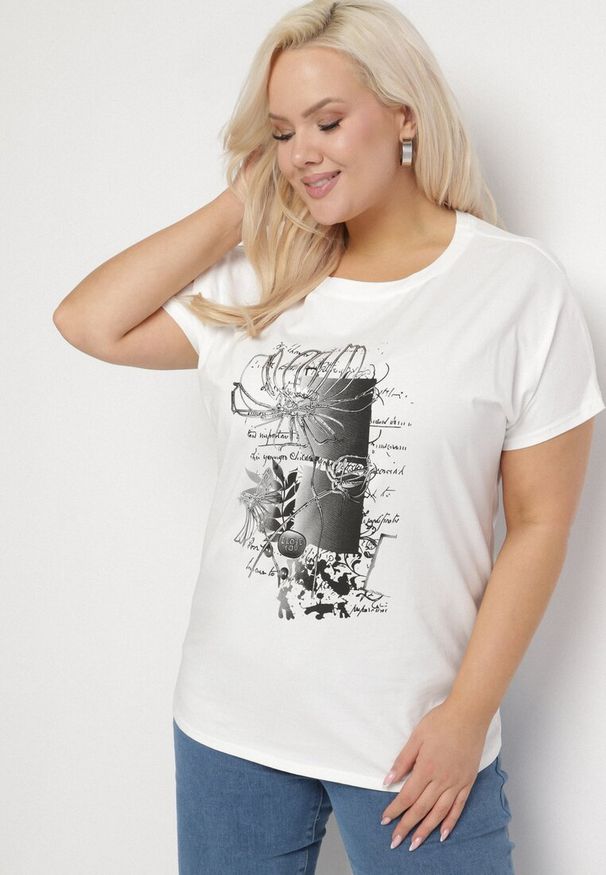 Born2be - Biały Bawełniany T-shirt z Metalicznym Nadrukiem Farilna. Okazja: na co dzień. Kolor: biały. Materiał: bawełna. Wzór: nadruk. Styl: casual