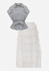 Renee - Jasnoniebieski Wiskozowo-Bawełniany Komplet Spódnica z Falbanami i Koszula z Wiązaniem Aethecea. Kolor: niebieski. Materiał: wiskoza, bawełna #2