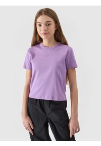 4F JUNIOR - T-shirt gładki dziewczęcy - fioletowy. Okazja: na co dzień. Kolor: fioletowy. Materiał: materiał, bawełna, dzianina. Długość rękawa: krótki rękaw. Długość: krótkie. Wzór: gładki. Styl: casual, sportowy