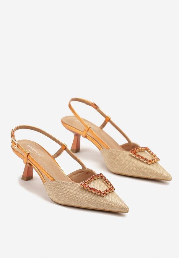 Renee - Pomarańczowe Sandały Slingback na Kaczuszce z Tweedowymi Wstawkami i Cyrkoniami Nalivna. Okazja: na co dzień, na spotkanie biznesowe. Kolor: pomarańczowy. Obcas: na szpilce. Styl: casual, elegancki, biznesowy. Wysokość obcasa: niski