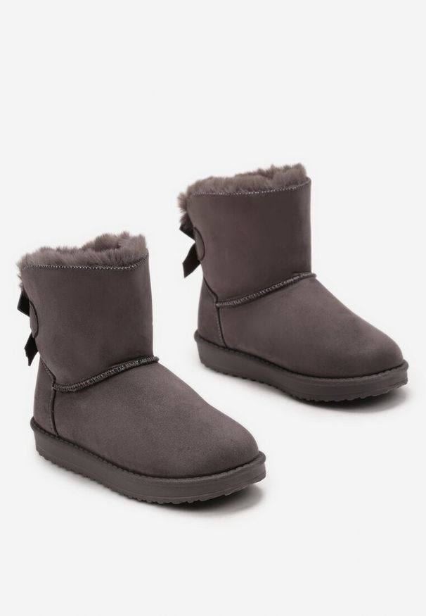 Born2be - Szare Śniegowce za Kostkę z Kokardką Dritane. Okazja: na co dzień. Wysokość cholewki: za kostkę. Kolor: szary. Sezon: zima. Styl: casual