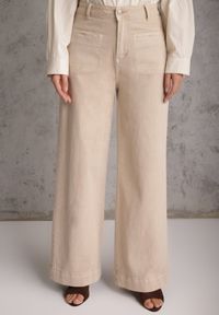 Renee - Beżowe Jeansy High Waist Wide Leg z Bawełny z Naszytymi Kieszonkami Yrelelin. Okazja: na co dzień. Stan: podwyższony. Kolor: beżowy. Długość: krótkie. Wzór: aplikacja. Styl: casual #8