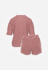 Born2be - Beżowo-Czerwony Dzianinowy Komplet Oversize w Paski Koszulka Polo i Szorty Tesanore. Kolor: beżowy. Materiał: dzianina. Wzór: paski #5